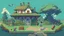 Placeholder: A studio ghibli kinda big house with garden, fence, water well, snake, girl wearing uniform, bear, landscape, pixel art