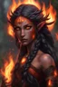 Placeholder: Fire Eladrin druid female. Hair is long and bright black part glows. Part of hair is braided and fire comes out from it. Big bright red eyes. Is generating fire with her hands and fire are coming our off them . Skin color is dark. Has a huge scar on face.