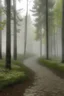 Placeholder: soft fog, with light breaking through, tall white birch trees, and a stone path leading to pavilion