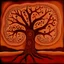 Placeholder: Aboriginal art of Boab Tree in the Australian outback, earthy colours of dark reds and browns , Aboriginal patterns and dots and symbols