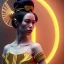 Placeholder: Woman, black hair, white skin, geisha, velvet dress, gold pattern, cyberpunk, neon, highly detailed, art stations, concept art, smooth, unreal engine 5, god rays, ray tracing, RTX, lumen lighting, ultra detail, volumetric lighting, 3d, finely drawn, high definition, high resolution, gradient background