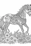 Placeholder: outline art for horse coloring pages with horse and flowers, white background, Sketch style, full body, only use outline, clean line art, white background, no shadows and clear and well outlined