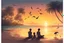 Placeholder: families sitting on a beach lagoon, birds in the sky, sunset, tropical forest