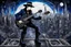 Placeholder: Mixed media picture, the background is black and white line art 3d cyber city In the middle a colorful photo of an attraktive goth asian man playing on the old guitare , wearing goth dark blue clothsirt, shiny black jeans, steampunk black hat and black boots, his hair is deep blue-black-silver colors, enhancing the contrast between her and the black and white cityscape space