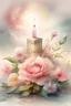 Placeholder: MAGIC A PYRAMID CANDLE IS BURNING AROUND WONDERFUL FLOWERS English watercolor, Smoky cream, pale gray, pale pink, pink background. bright light, a bouquet of roses on the table are pale pink, pale bordeaux, white, ochre. green stems, the light is translucent. Watercolor, fine ink drawing, peonies in an hourglass, elegant gold inlay, rich interior