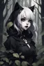 Placeholder: CAT GIRL, goth, SOULLESS, forest, nature, cartoon, leaves, half black half white hair