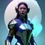 Placeholder: woman, asian, blue, painted face, round helmet, decorative color feathers, retro futuristic, latex coat, soft color, highly detailed, art stations, concept art, smooth, unreal engine 5, god rays, ray tracing, RTX, lumen lighting, ultra detail, volumetric lighting, 3d, finely drawn, high definition, high resolution.