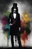 Placeholder: A scary man with long curly black hair, wearing a top hat, black tuxedo and tie, against a black wall with multicolored paint splatter