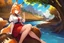 Placeholder: Girl, fox ears, one big fox tail, orange hair, red skirt, river, fox foot , sit on the shore,