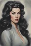 Placeholder: Facial portrait - A woman with long, wavy curly black hair and a stacked body who resembles Leonard Nimoy/Sofia Vergara/Elizabeth Taylor/Elvis Presley/Paul - Full Color