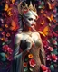 Placeholder: Masterpiece art amazing art picture in Luxurious 3d colorful fractals sharp colors,vibrant colors,neons colors standing pose sweet pose a vampire queen gothic hair silver, golden shiny adorned,in fractals 3d outside ,fractals colorfull, full of flowers,butterflies,leaves in 3d outside fractals background