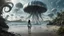 Placeholder: Detailed matte painting of a wide-angle shot of a woman, standing on the right side of an alien beach, with dark hair in a silver robotic catsuit, many large floating jellyfish with octopus tentacles, alien jungle trees in the distance