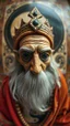 Placeholder: fish eye lense, master oil painting by Rembrandt, realistic rendering Portrait of the Apkallu sage who were sent by the god Ea to teach civilization to humanity before the flood. They were depicted as half-human and half-fish or bird, and were associated with wisdom, magic, and culture. blurred tile yin yang pattern background, brightened edges to give a sense of depth