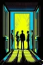 Placeholder: Vintage pop art style, light of hope shinning through a doorway on people in a dark room