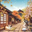 Placeholder: Create a book cover for "Cozy Japan Coloring Book" featuring a tranquil street scene in a traditional Japanese village during early autumn. Delicate maple leaves drift through the air, while warm lantern light glows from small wooden houses with sliding paper doors. A peaceful cat naps on a tatami mat by the door, and steam curls up from a teacup on a windowsill. Cherry blossom trees mingle with golden foliage in the background, and soft light spills over the rooftops. The scene is rich with tex