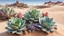 Placeholder: photorealistic, three succulents in the desert, one is red, one is purple or blue, the third is green, all succulents are rich in colour, in the background are sand dunes and sand rock formations, the sky is clear