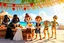 Placeholder: 3D video game characters, star wars, Leia princess, Luke, Han Solo, Chewbacca, Darth Vader, C3PO at the beach in sunshine, tiki bar, cocktails, hearts, waterfall, happiness