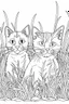 Placeholder: coloring page for kids, Cats in the grass, cartoon style, thick lines, low detail, no shading