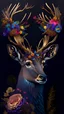 Placeholder: beautiful male deer with horns made from beautiful colorfully flowers and gold flower pattern on fur, dark fur bright flowers, front facing dark smooth colors