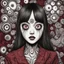 Placeholder: woman with 4 eyes, Junji Ito style, darkred tones,