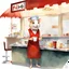 Placeholder: anthropomorphic hamster barista with text "FLO" nametag wearing a red apron and do-rag working behind a counter of a 50's diner serving coffee to old man, artistic, nostalgic, by Pascal Campion and Norman Rockwell, dramatic, impressionist painting, watercolor with loose brush strokes, speedpaint,, splash art, dynamic