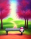 Placeholder: park mystical dream, park bench, man, woman, child, dog, trees, path, bird, sunshine, mystical, fantasy, romanticism, pastel colors, daylight, daytime, acrylic painting, detailed, soft focus,