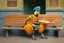 Placeholder: Half parrot half human in a 1700s Orange Dutch uniform siting on a bench in a Dutch city eating a loaf of bread