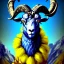 Placeholder: A bighorn sheep ram warrior full blue and yellow body armor with fierce and wild look, highly detailed, digital art, sharp focus, trending on art station, standing on all fours with one hoof on an american football, field of grass, background mountain peaks sunset sky of blue and yellow, design by charlie bowater, ross tran, artgerm, and makoto shinkai, detailed, colors #003594 #FFA300 #FF8200 #FFD100 throughout