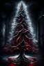 Placeholder: a beautiful illuminated silver and white light Christmas tree stands in a dark room, dark shadows rise from the floor and demonic red eyes glow behind the tree in the dark, scary atmosphere, little glimmering light, dark, deep colors, small details, surreal, thriller, masterpiace