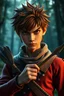 Placeholder: Ghibli movie. gerhart, guweiz. portrait of a fierce handsomeboy holding an arrow, hunter, forest background, fantasy, ghibli. using natural light to highlight weathered textures. with a forest background. with an emphasis on expression and mood.