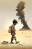 Placeholder: A wounded boy walking in the desert with his head down and smoking a cigarette, and behind him a scene of destruction is taking place