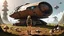 Placeholder: A skinny 50-year-old woman standing, hands on hips, in brown shorts, shirt, and boots, standing next to a squat cargo spaceship, sitting in a clearing, in a derelict alien town with mushrooms and fungi.