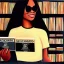 Placeholder: cream skin Girl in a Record store holding record of Stevie wonder's song's in the key of life oil painting zoomed out