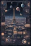 Placeholder: Paris and Lisbon mashup city in cyberpunk style, portuguese tile design, azulejo, dark mode, celestial, galaxy, planets, inspires wonder and awe, moody, dark, atmospheric