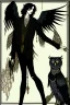 Placeholder: Black haired, owl-man, Skinny, warlock, with black wings, and owl legs, in the style of Harry Clarke