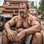 Placeholder: extreme close up photography of a sicilian ugly burly serious wet sweaty, muscular chubby strong fat carpenter, shirtless, boxer, bulge, manly chest, very hairy allover, big goatee 51 years old, curly hair, sit sleeping with open legs on a little chair , on a construction site in the middle of a road, under the August sun, emotional eyes, , hyper-realistic, photorealistic , frontal view from the ground