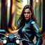 Placeholder: Very attractive woman sitting on a motorcycle. The bike is Yamaha. In the background is a forest. Realistic details. Photorealistic. 4K. Wide-angle lens.