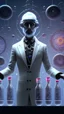 Placeholder: Tesla, detailed and intricate calligraphy ink painting of a "cyborg Mad Scientist" holding beakers, outer space Background cosmic fractals, dystopian, concept art, unreal engine 5, god rays, ray tracing, RTX, lumen lighting, ultra detail, volumetric lighting, 3d, finely drawn, high definition, high resolution. award-winning: professional portrait: atmospheric: commanding: fantastical: clarity: 16k: ultra quality: striking: brilliance: stunning colors: amazing depth: masterfully crafted