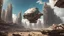 Placeholder: A small, wide, squat Spaceship hovering in a ruined alien city, surrounded by tall damaged buildings, clear blue sky, small white clouds, photorealistic