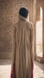 Placeholder: A Muslim woman in Arabic dress with her back to the screen