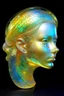 Placeholder: An extremely delicate iridescent exotic slightly smiling female's head made of transparent glass, translucent, tiny golden accents, beautifully and intricately detailed, ethereal glow, whimsical, art by Mschiffer, best quality, glass art, magical holographic glow