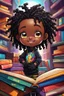 Placeholder: A sassy futurism ABSTRACT colorful art cartoon black chibi BOY LOOKING DOWN, surrounded by colorful BOOKS. Looking up coyly, she grins widely, showing her Teeth. Highly detailed black shiny dread locs , regal expression.