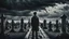 Placeholder: A depressed young guy stands in the middle of a cemetery, gloomy atmosphere, black clouds, black tones