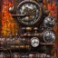 Placeholder: an abstract painting of an old locomotive, rust, scaffolding, iron cladding, decay, mixed media, textured, anatomically correct, melted clock, highly detailed