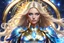 Placeholder: (Masterpiece )Full Body Gourgeus light aura Knight Woman Man perfect light blue eyes, round pupil, beautiful Makeup, detailed face,very long straight Blond hair, opalescent iridescent color, precious stones crystal gold, starry night , lightning