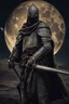 Placeholder: A picture of a strong Islamic knight holding a sword in his hand, at night, with his back to the camera