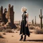 Placeholder: beautiful caucasian half cyborg woman, black metal body and limbs, chrome details, anorexic figure, short blond wavy bob haircut, dystopian, desert scene