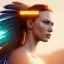 Placeholder: A beautiful portrait of a cyberpunk woman with lot's of grain on her skin red head with hair flying in the wind cyborg smiling facing camera orange color scheme, high key lighting, volumetric light high details with white stripes and feathers unreal 5, octane render, cinema4d, dynamic lighting, dramatic lighting, 4k, redshift render, highly detailed, hyper realistic like Tron the movie