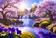 Placeholder: magic park with pansy, purple or parma flowers, parma or blue light effects colors, sun, realistic, pond with waterfall, pansy flowers around, beautiful blooming sakura trees in spring, highly detailed, high contrast, 8k, high definition, concept art, sharp focus