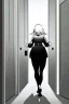 Placeholder: military girl runs fast in a corridor, greyscale